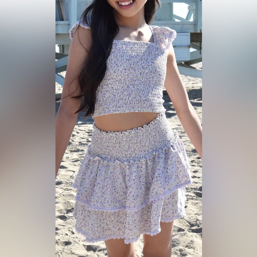 FBZ Flowers by Zoe Lavender Floral Smocked Skirt Top Set M / 8-10